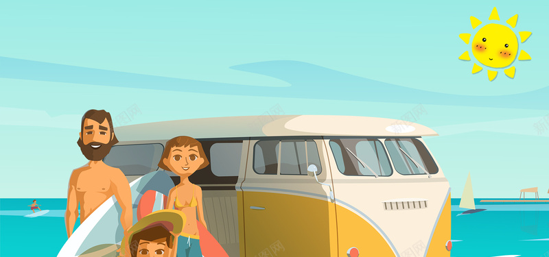 海边全家自驾游卡通童趣太阳蓝色背景背景