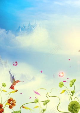 梦幻蜂鸟牵牛花天空城堡化妆品广告背景背景