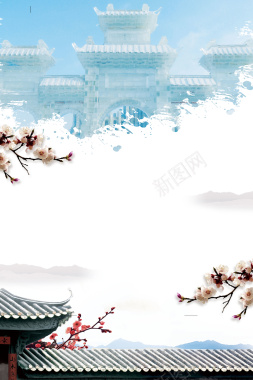 哈尔滨蓝色手绘冬季旅游冰雕海报背景