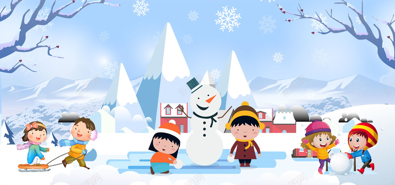 冬季可爱儿童推雪人卡通banner背景