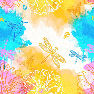 彩色手绘线描花朵昆虫背景背景