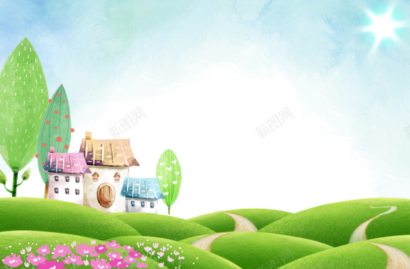 童趣乡村小屋蓝天印刷背景背景