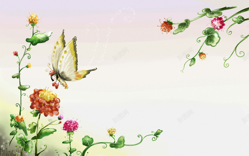 花与蝴蝶姑娘背景jpg设计背景_88icon https://88icon.com 卡通 手绘 童趣 花朵 蝴蝶