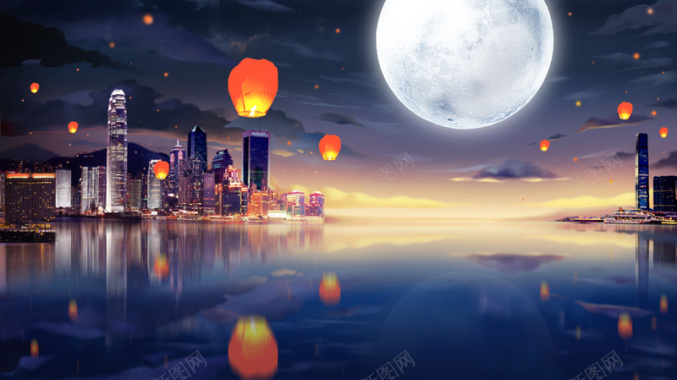 海上升明月孔明灯建筑海报背景背景