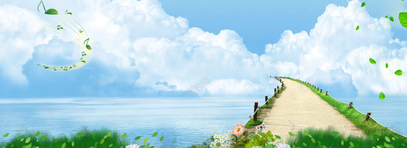 春天踏青海报banner背景jpg设计背景_88icon https://88icon.com anner 春天 海报 蓝天 踏青 banner 白云 草地 花 大海