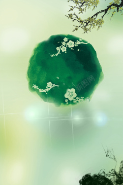 春模板绿色水墨风桃花海报背景模板高清图片