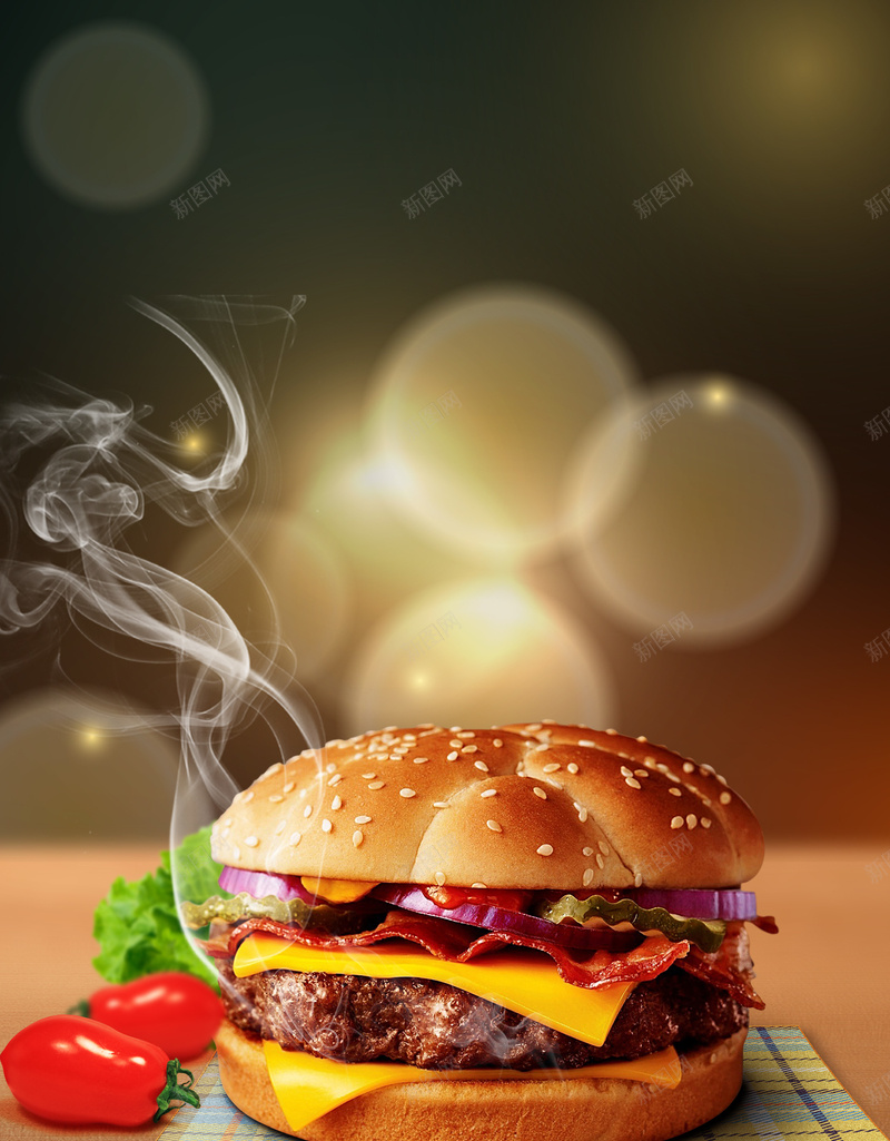 汉堡美食海报背景模板jpg设计背景_88icon https://88icon.com 海报背景模板 光斑 圆点 汉堡 美食 海报背景 美食模板 木桌 木纹