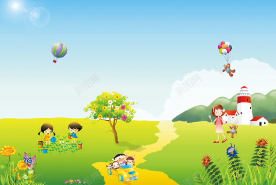 六一儿童节卡通儿童草地玩耍海报背景背景