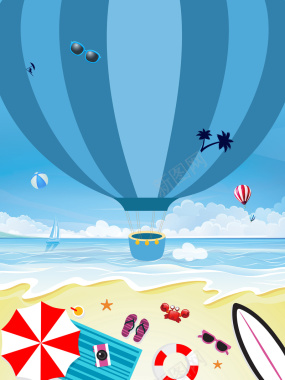 蓝天白云气球风景海滩沙滩扁平背景素材背景