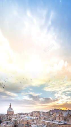 欧式小镇彩色天空H5背景高清图片