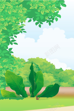 绿色卡通六一儿童节草地大树背景背景