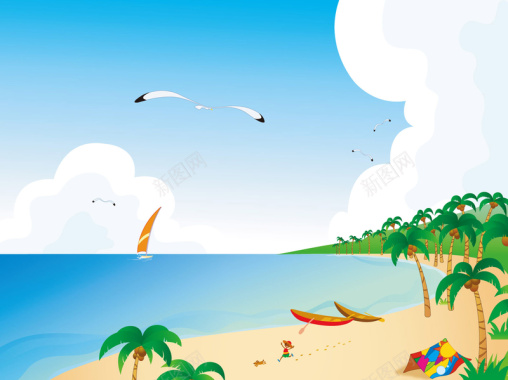 卡通夏日沙滩风景平面广告背景