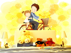 骑车父女儿童房卡通风景插画海报背景素材高清图片