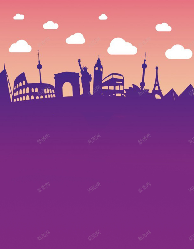 紫色铁塔高楼扁平化H5背景jpg设计背景_88icon https://88icon.com 扁平化 白云 紫色 铁塔 高楼 埃及 旅游 欧洲 卡通 H5背景