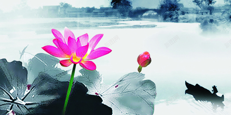 中国风水墨荷花H5背景素材jpg设计背景_88icon https://88icon.com 中国风 水墨画 淡雅 远山 蓝色 水墨荷叶 粉红色荷花 H5背景素材