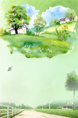 绿色手绘唯美最美乡村郊游海报背景素材背景