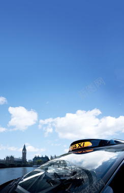 蓝天白云建筑出租车背景素材背景