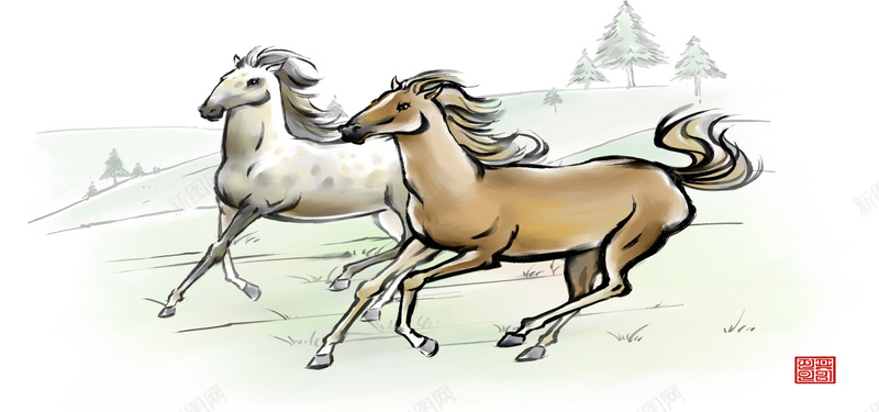 手绘草原上奔跑的两匹马背景