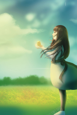 绿色手绘女装小女孩山野蓝天背景背景