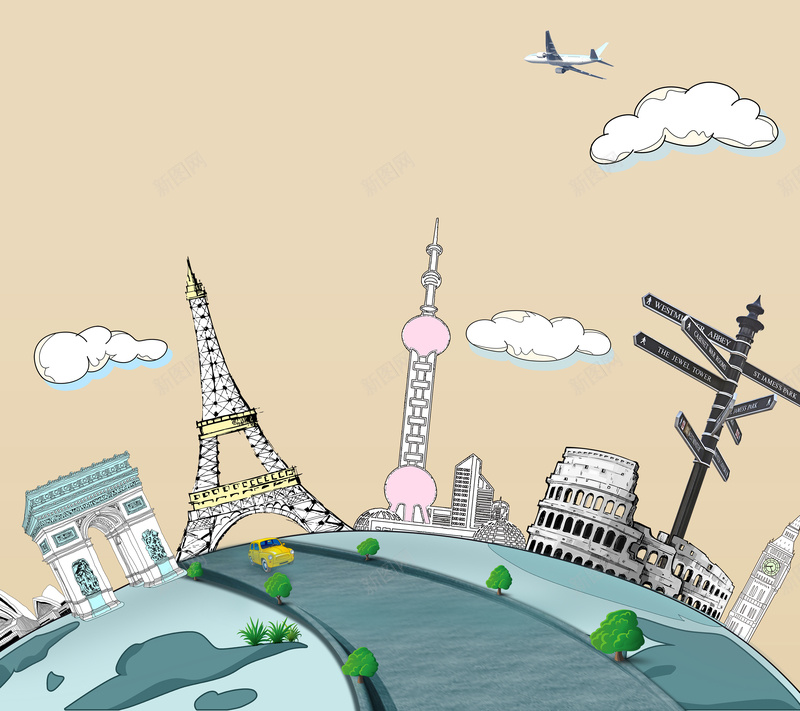 创意卡通世界旅游海报背景psd设计背景_88icon https://88icon.com 创意 卡通 地球 旅游 海报 城市 地标 建筑 飞机