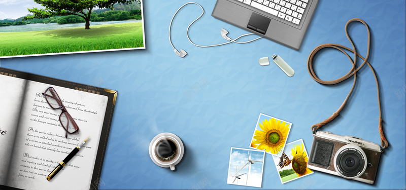 淘宝科技家电数码蓝色书本相机咖啡海报背景背景
