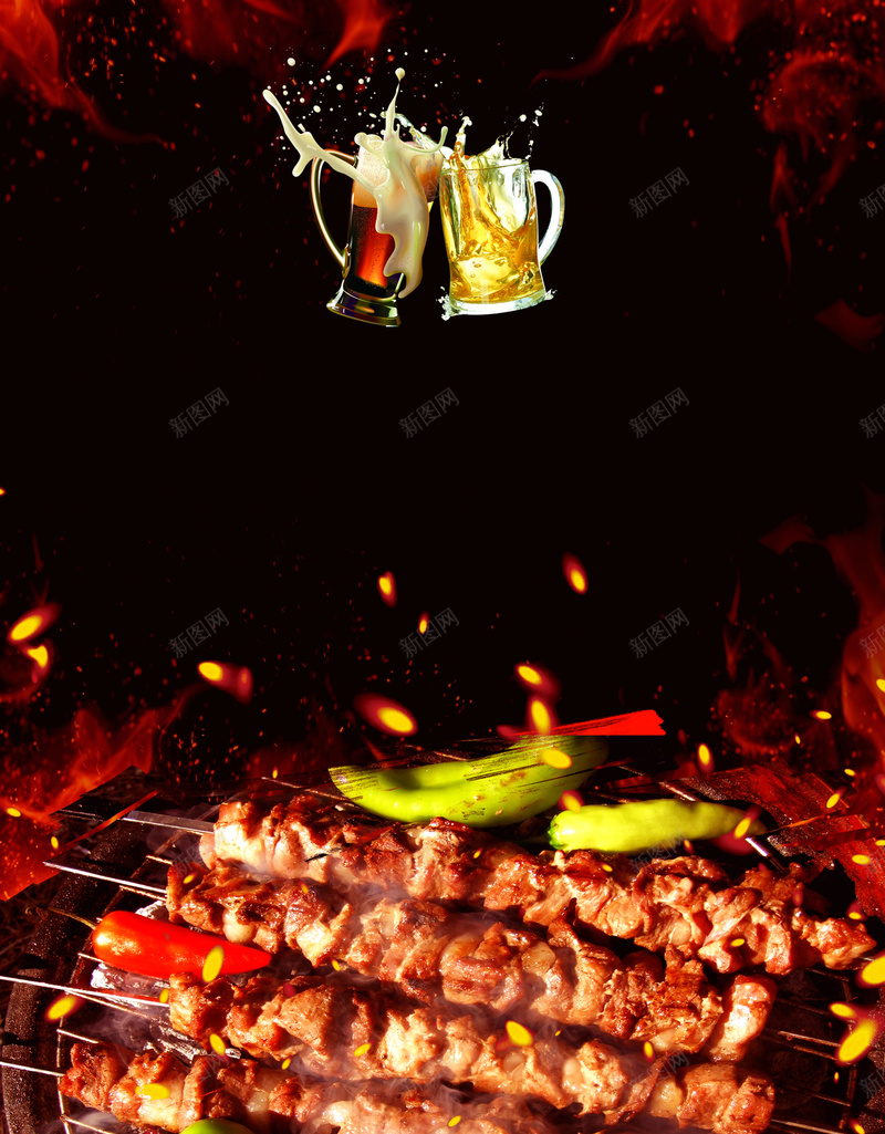 夏日特色烧烤啤酒海报jpg设计背景_88icon https://88icon.com 舌尖上的美食 啤酒杯 夏日 烧烤 美食 特色小吃 BBQ 黑色背景