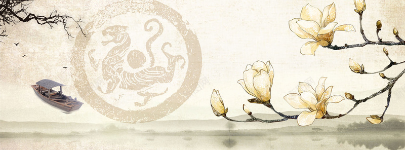 花苞绽放海报psd设计背景_88icon https://88icon.com 花苞 花蕾 水面 古画 树枝 船 龙 灰派 文艺 小清新 简约