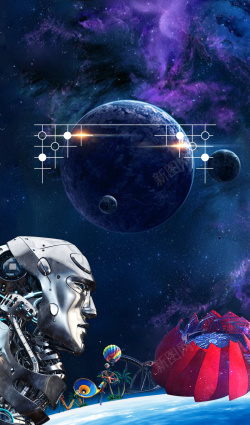 未来美好的音乐创意机器人宇宙科幻科技展海报背景素材高清图片