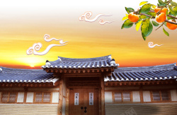 韩国秋天背景古代建筑海报背景素材高清图片