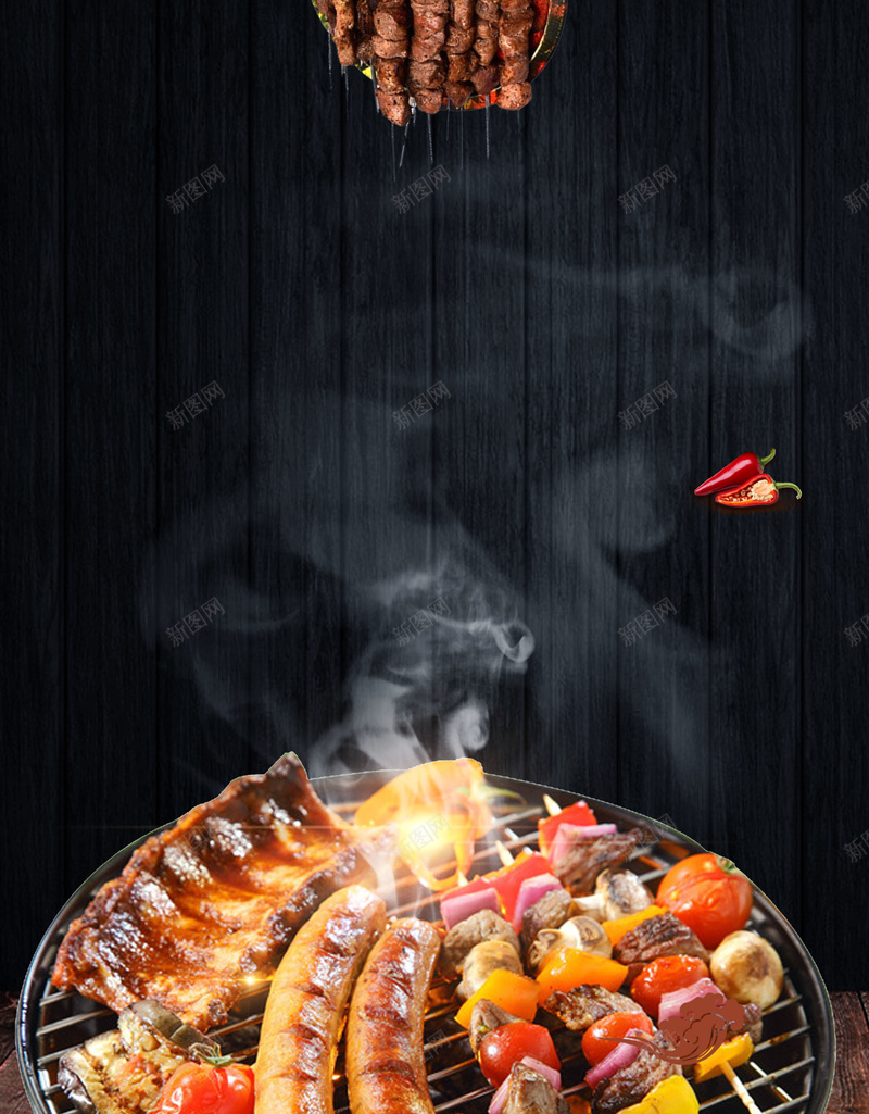 黑色木板纹背景烧烤美食海报psd设计背景_88icon https://88icon.com 中华美食 烤串 烤肉 烧烤 美食 美食街宣传海报 野外烧烤 黑色背景 木板纹 烟 辣椒 餐饮