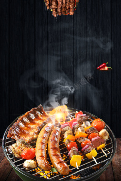 美食街宣传黑色木板纹背景烧烤美食海报高清图片