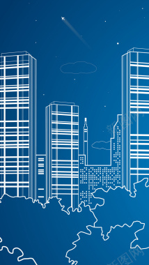 蓝色线描城市背景背景