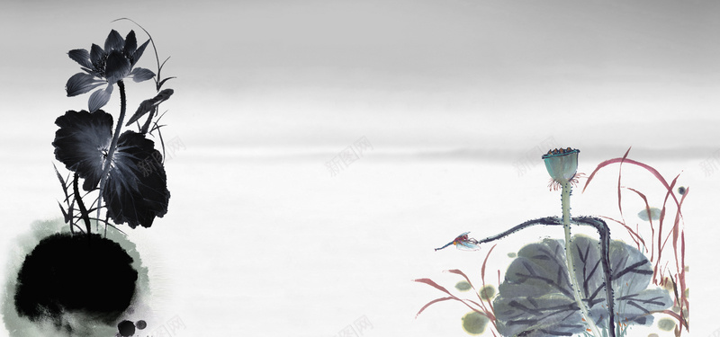 爱莲说中国风水墨海报背景psd设计背景_88icon https://88icon.com 莲花 荷叶 水墨 远山 淡雅 雾蒙 复古 养生