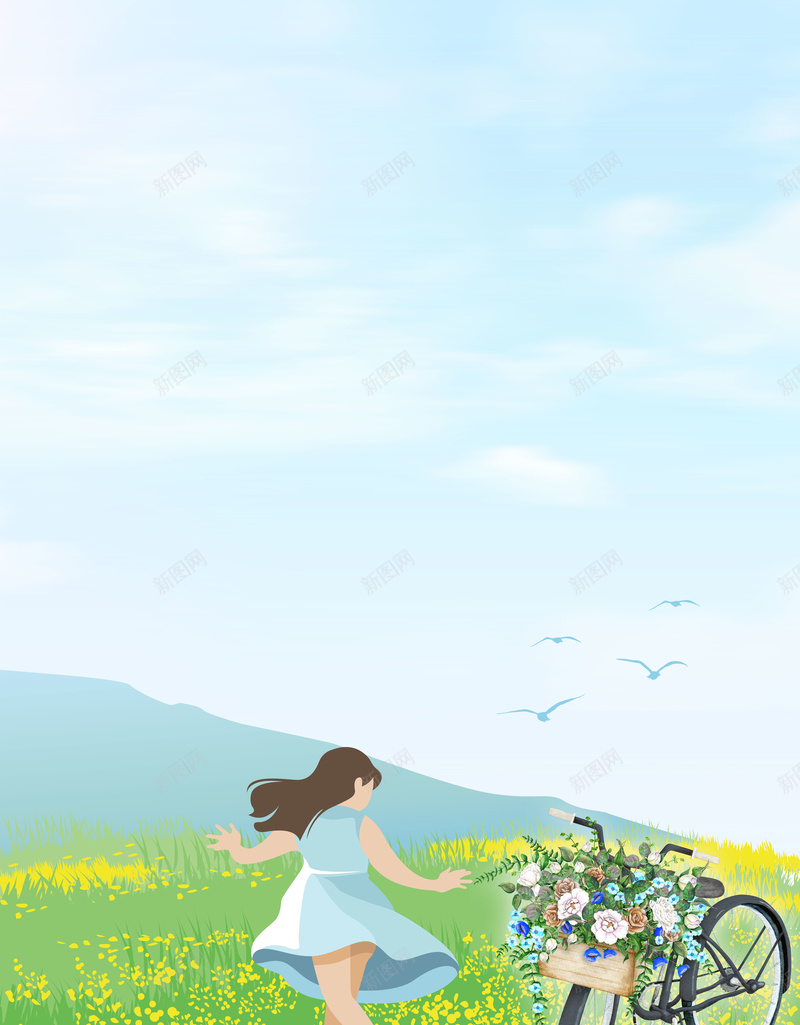 浅蓝色手绘唯美春季踏青油菜花人物背景psd设计背景_88icon https://88icon.com 春季踏青 油菜花 浅蓝色 唯美 手绘 人物背景 少女 春游 赏花 单车