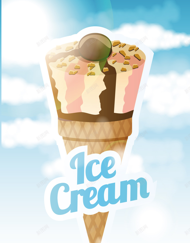 蓝天白云巧克力甜筒eps设计背景_88icon https://88icon.com 冰淇淋 夏日 白色 美食 食物 宣传海报 雪糕