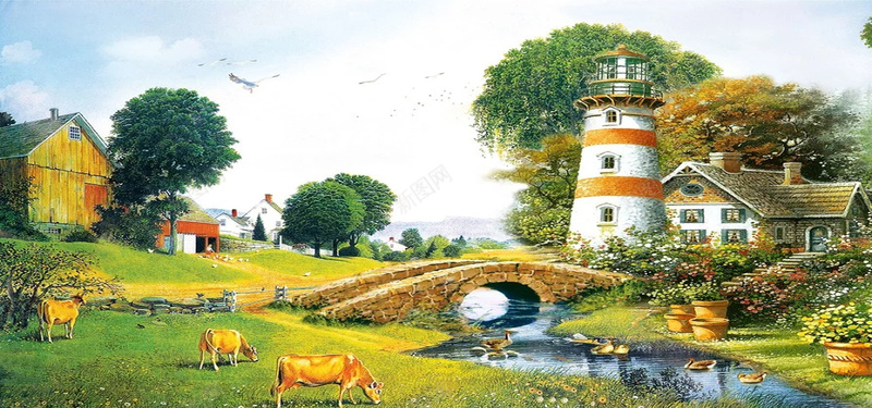 油画风景jpg设计背景_88icon https://88icon.com 蓝天 白云 油画 风景 小桥 动物 河边 花草 小屋 塔 海报banner 摄影