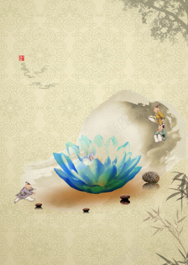 中国风蓝色莲花水墨背景素材背景