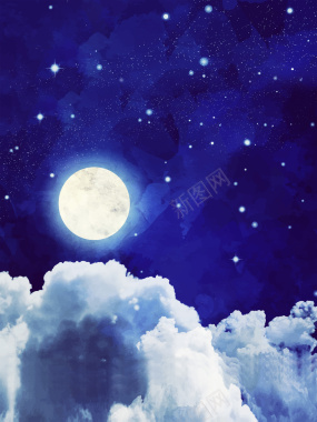 梦幻星空天空夜空圆月手绘风景背景素材背景