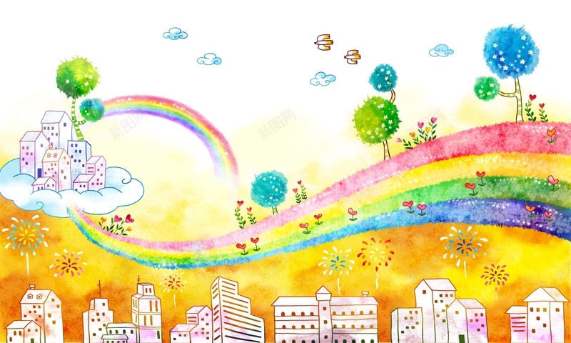 儿童卡通手绘背景psd设计背景_88icon https://88icon.com 城市背景 彩虹桥 儿童 卡通 手绘 彩虹路上 创意插画设计 房 白色 童趣