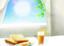 橙子树枝食物食品窗台早餐面包果汁高清图片
