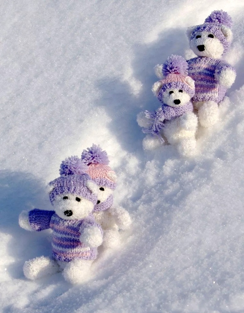 卡爱卡通熊白色雪中摄影H5背景jpg_88icon https://88icon.com 可爱 玩具 卡通 熊 白色 冰雪 阳光 紫色帽子