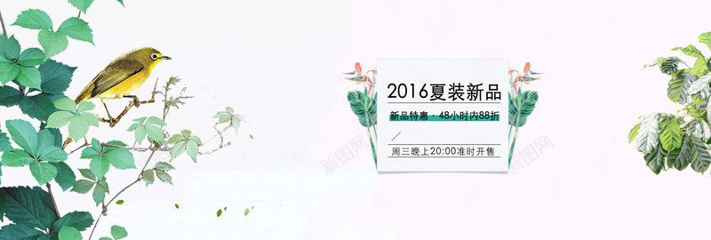 夏装新品psd设计背景_88icon https://88icon.com 女装banner 海报banner 夏装新品 小鸟 植物 每周三上新