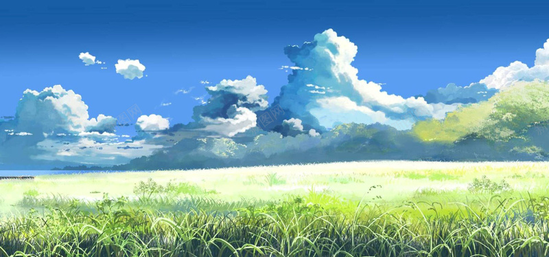 手绘草地蓝天白云背景