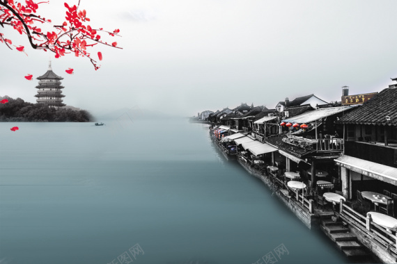 中国风湖边的古镇宝塔梅花背景素材背景