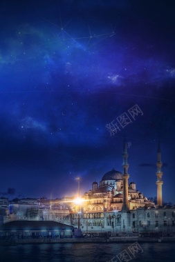 蓝色大气梦幻土耳其美景海报背景背景