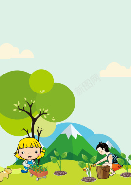 手绘卡通快乐植树节海报背景素材背景