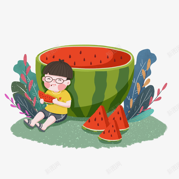 吃西瓜插画素材png免抠素材_88icon https://88icon.com 吃西瓜 卡通绿植 卡通男孩 卡通男孩吃西瓜 卡通西瓜 装饰图案