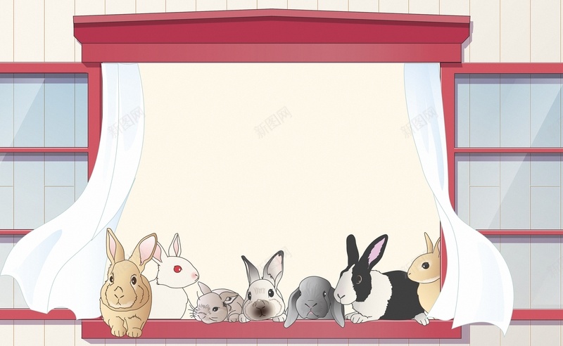 简约手绘窗台兔子背景jpg设计背景_88icon https://88icon.com 兔子 手绘 窗台 窗户 简约 白纱 窗帘 红色 窗框 海报 背景