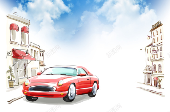 蓝天白云手绘汽车背景素材背景