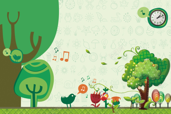 绿色卡通手绘欢乐植树节主题海报背景素材背景